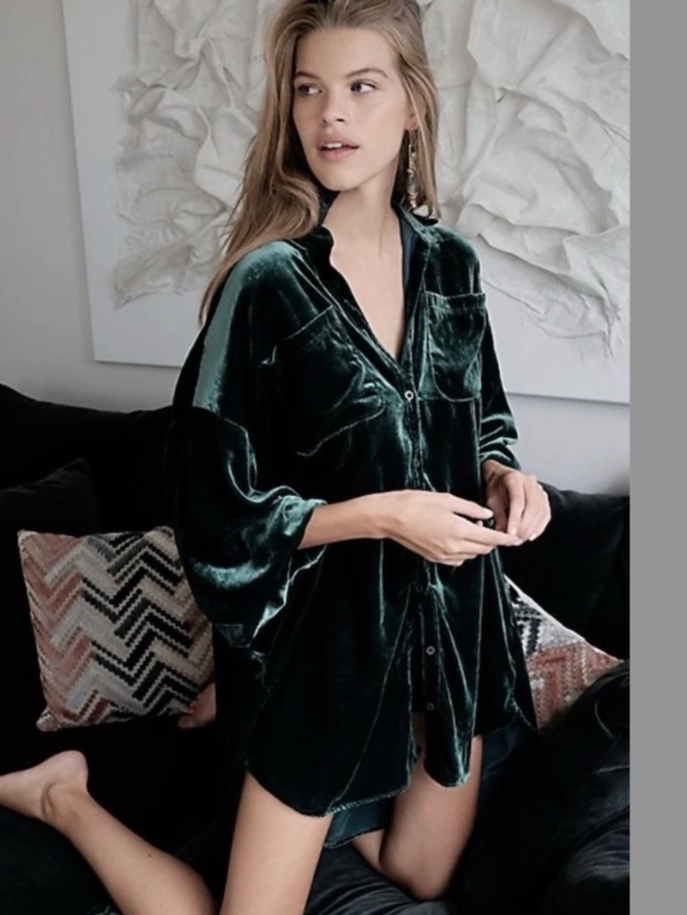 FREE PEOPLE Lux Velvet Button-Down Tunic in Emerald Green